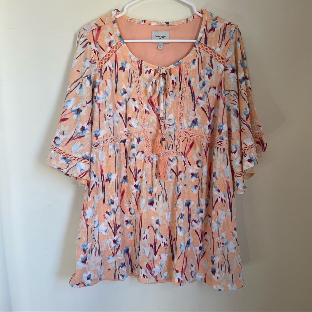 Haute Hippie Tribe Peach Floral V-Neck Peasant Top Women’s Size Medium